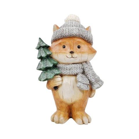 Decorative figurine of a fox wearing a hat and scarf, holding a small tree, on a white background.