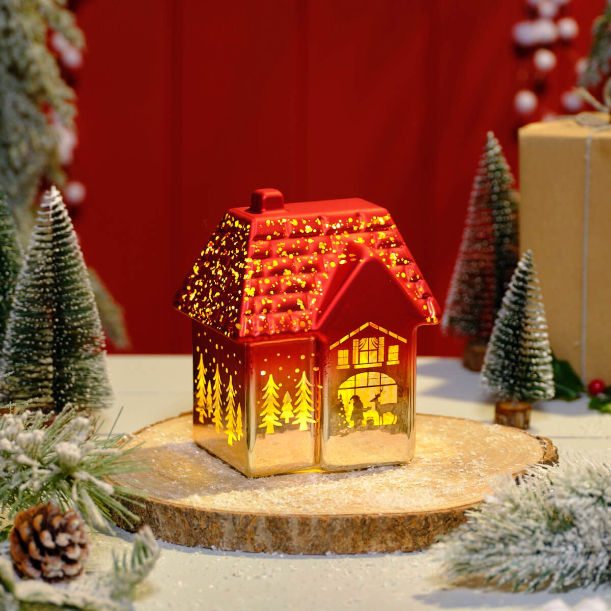 Christmas Red & White Effect LED House with Cut Out Trees