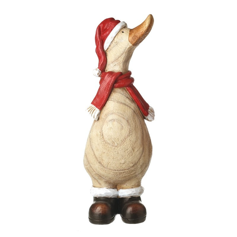 A whimsical decorative duck figurine wearing a red Santa hat, red scarf, white trim, and dark brown boots, shown against a plain white background.