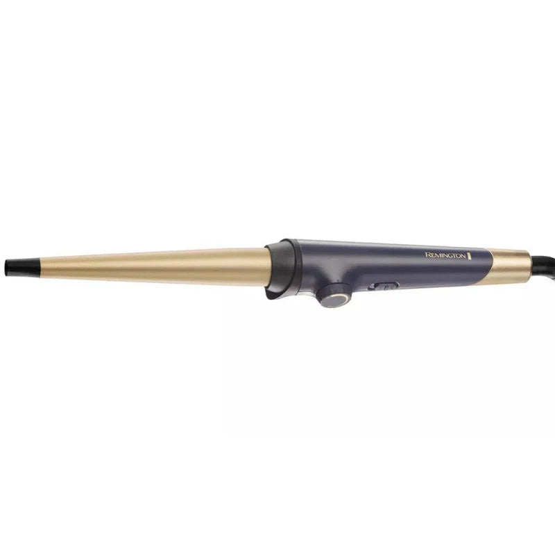 Curling iron with gold and black design on a white background