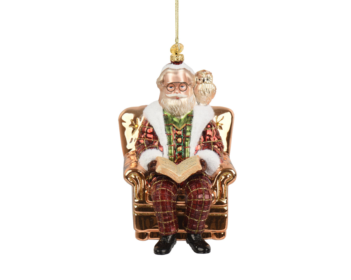 Glass Santa with Book & Owl Tree Decoration
