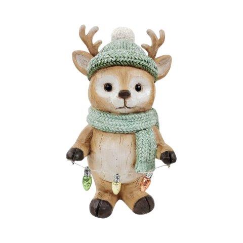 Cute reindeer  figurine wearing a scarf and hat  with lights on white background , available at Archers Ballina
