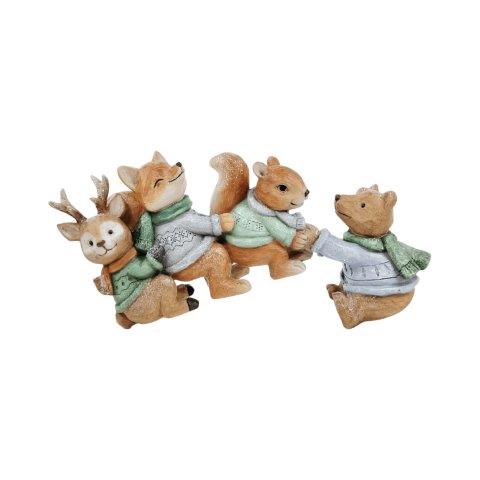 A set of four small woodland animal figurines holding hands, including a deer, fox, squirrel, and bear, dressed in light gray sweaters and green scarves, shown on a plain white background.