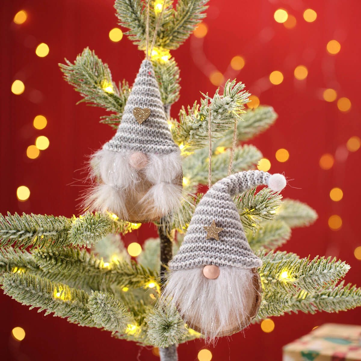 Christmas Grey Striped Fabric Hat Gonk on a Wooden Log Slice