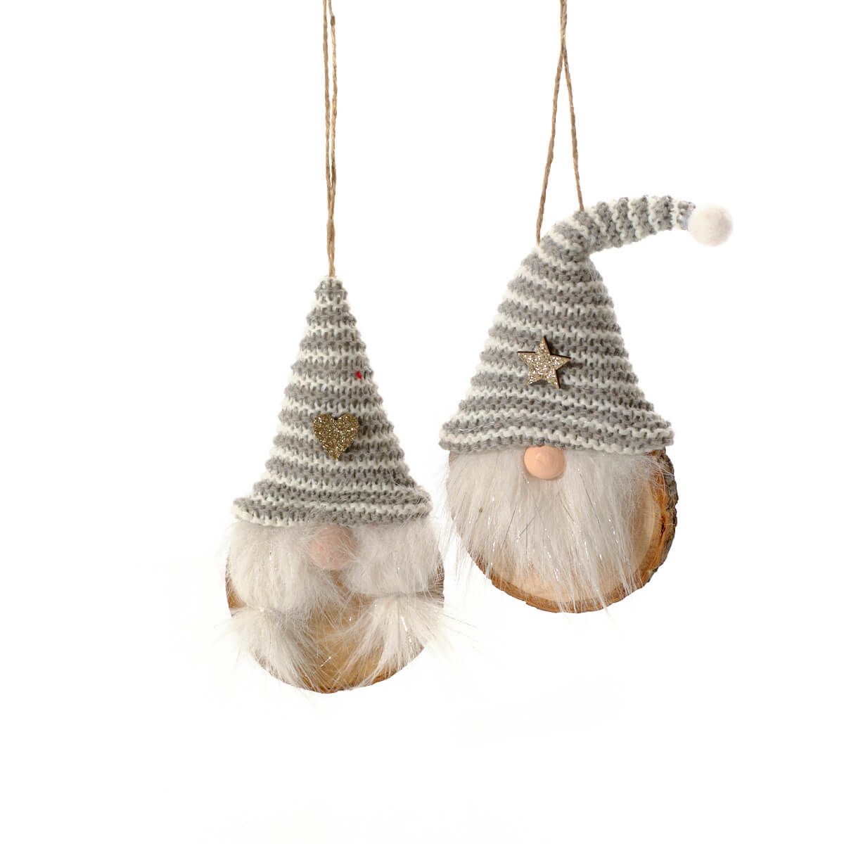 Christmas Grey Striped Fabric Hat Gonk on a Wooden Log Slice