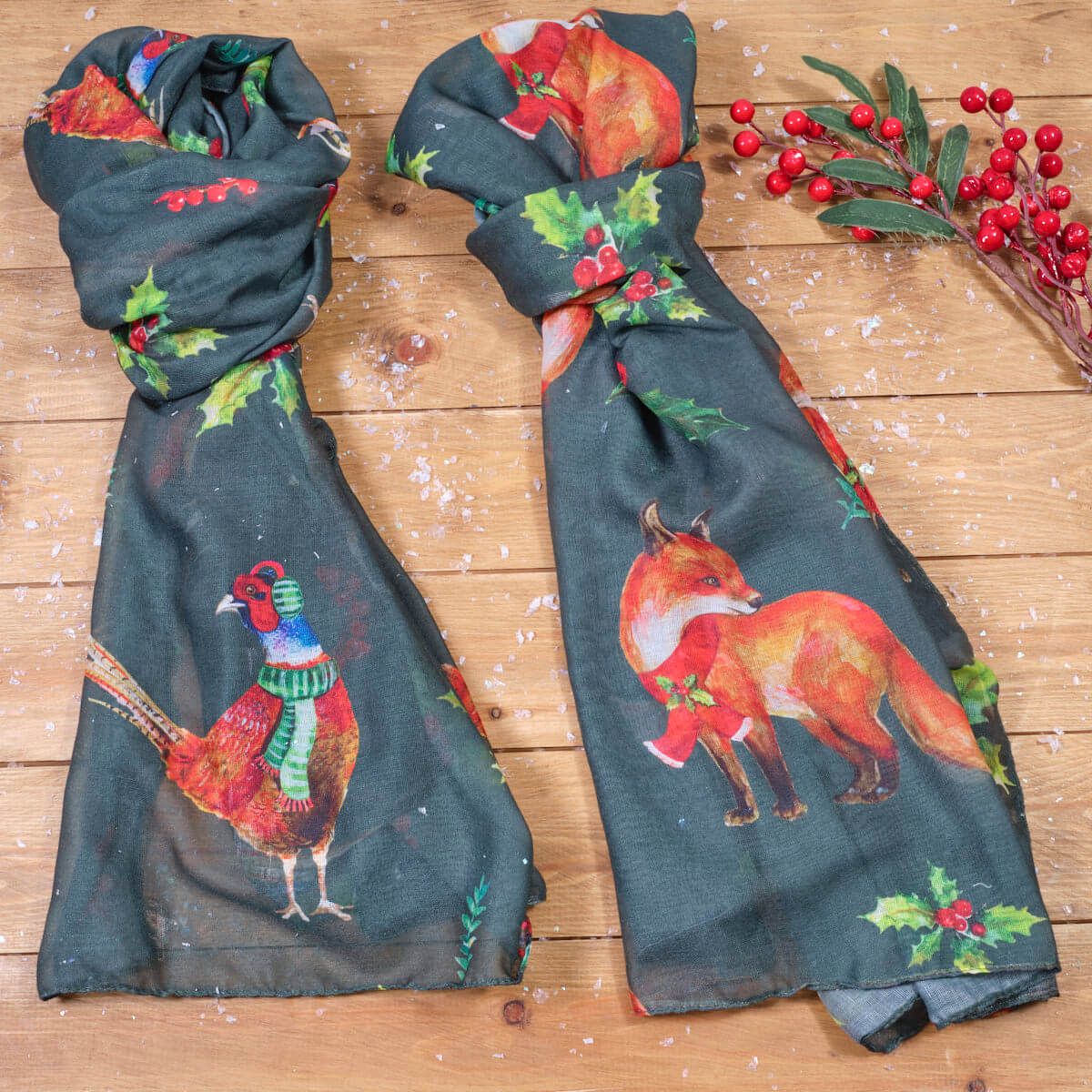 Christmas Woodland Pheasant & Fox Scarf