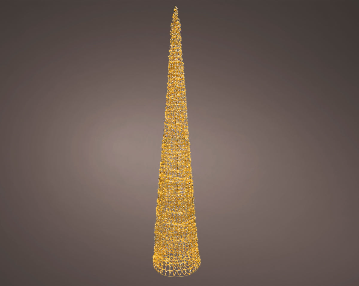 Tall, narrow, gold-colored tower-like structure on a gray background