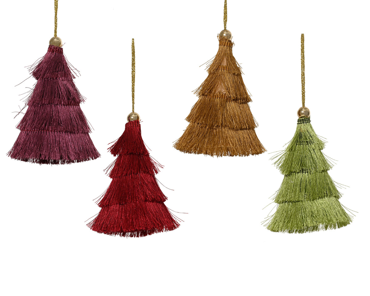 Four tiered tassel Christmas tree ornaments in burgundy, rust, olive green, and plum, hanging from gold strings against a white background.