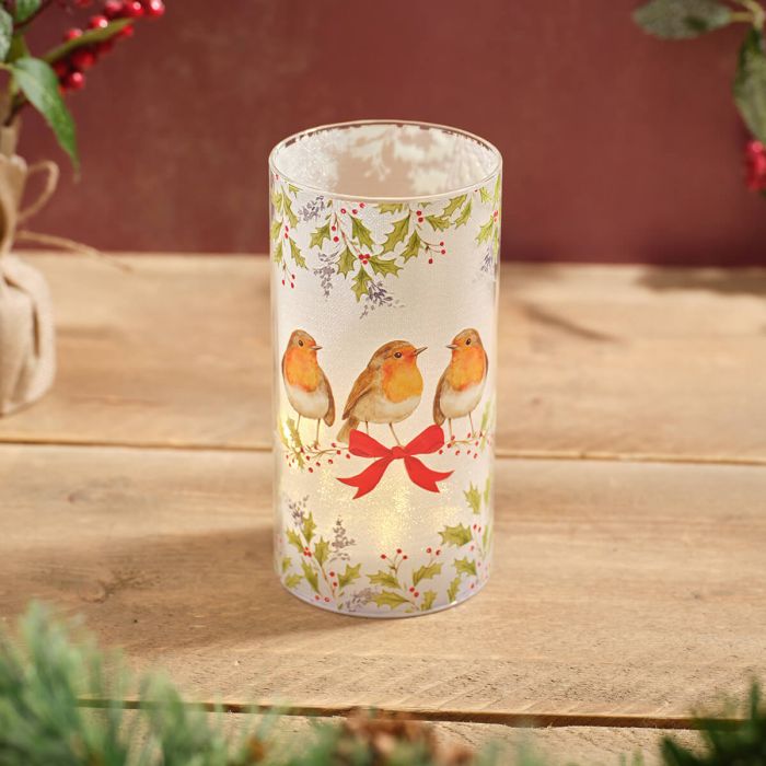 Robin with Festive Bow Glass LED Light Ornament