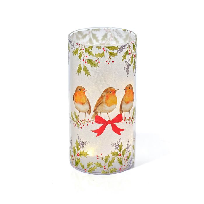 Robin with Festive Bow Glass LED Light Ornament