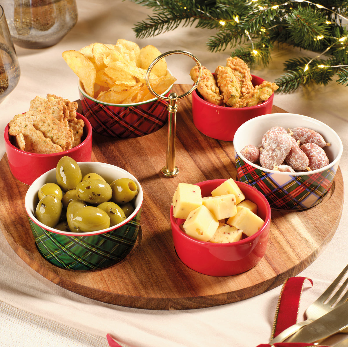 Check Print Tapas Set on a Stoneware Round Tray