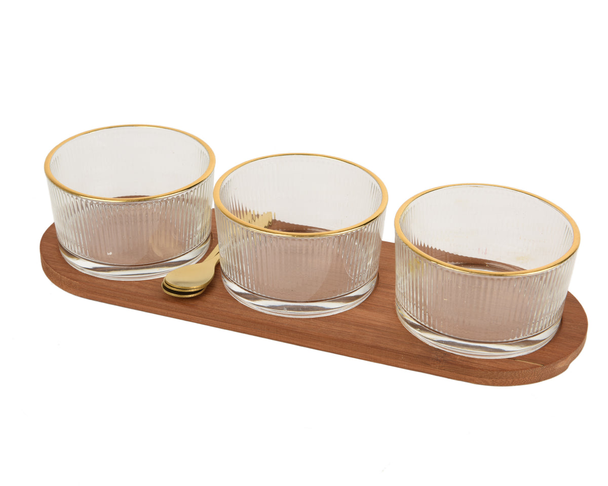 Tapas Glass Set with 3 Gold rimmed Bowls and Spoons