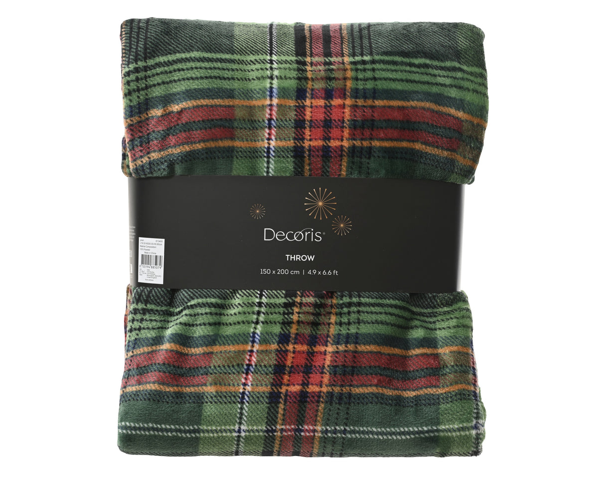 Plaid throw blanket with Decoris label on a white background