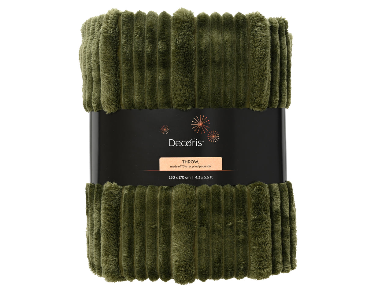 An olive green corduroy throw blanket folded with its black paper packaging label, showing the brand name 'Decofits'.