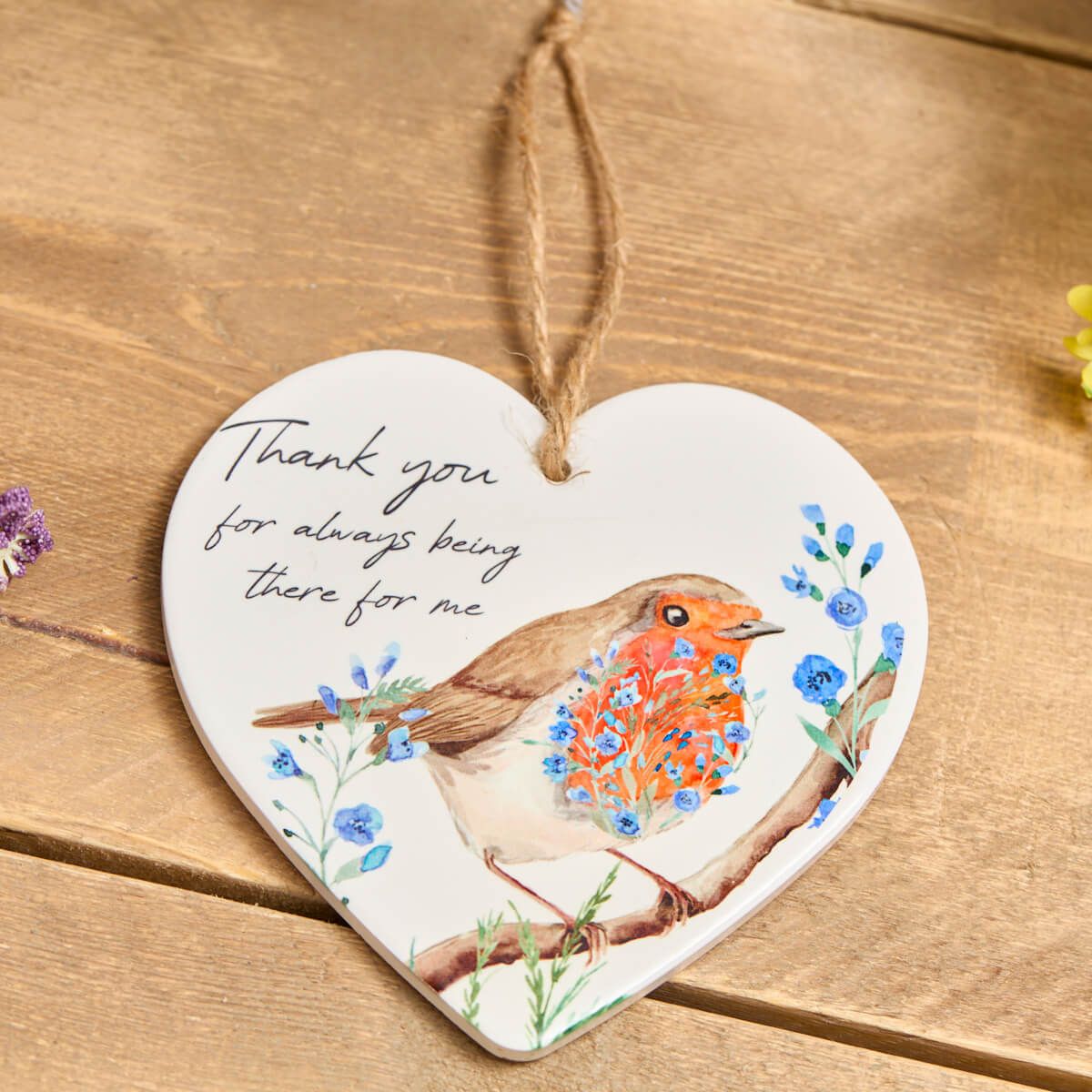 Robin Forget Me Not Heart Hanger White Ceramic Thank You Decoration