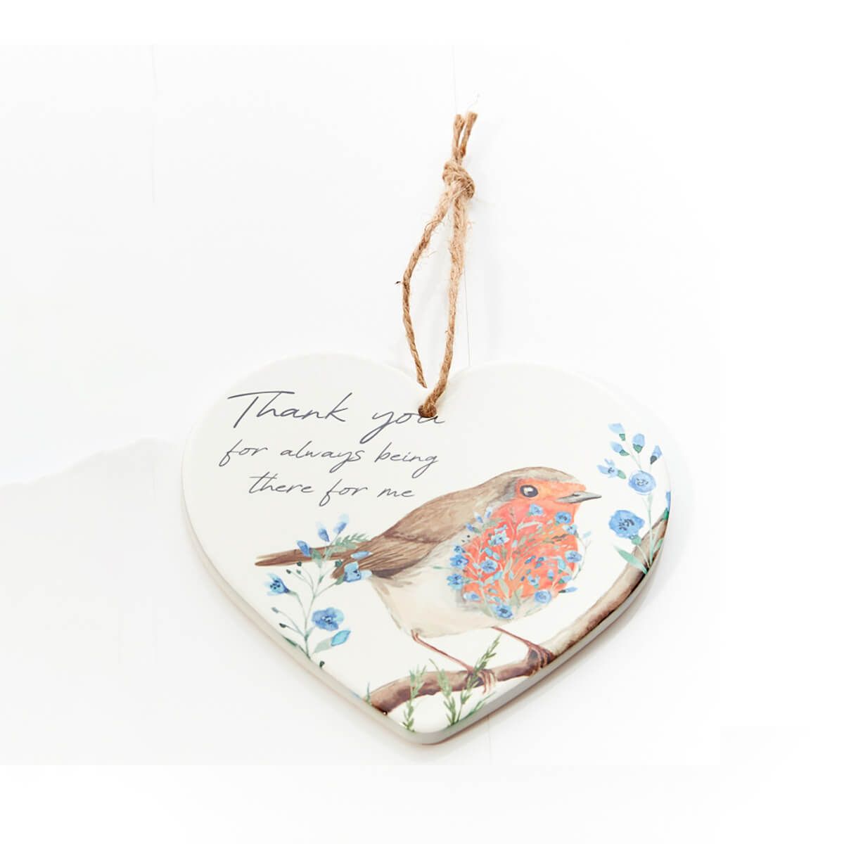 Robin Forget Me Not Heart Hanger White Ceramic Thank You Decoration