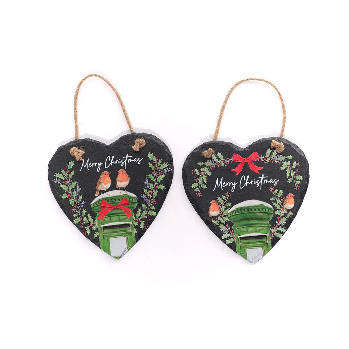 Robin Christmas Green Postbox & Bow Heart Slate Hanger