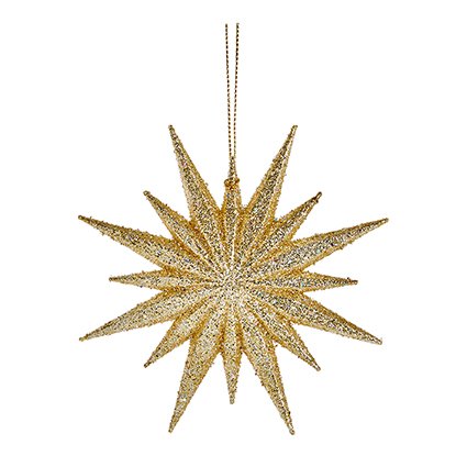 A glittery gold 12-point star Christmas ornament hanging from a thin gold string against a plain white background.