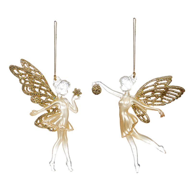 Two fairy Christmas ornaments on a white background, one holding a gold star and the other a gold bauble, with gold wings and clear bodies.