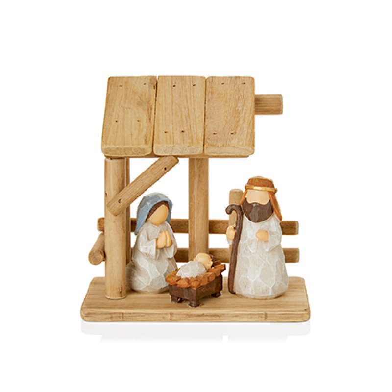 A wooden nativity scene figurine set featuring Mary, Joseph, and baby Jesus in a stable-like wooden structure on a white background.
