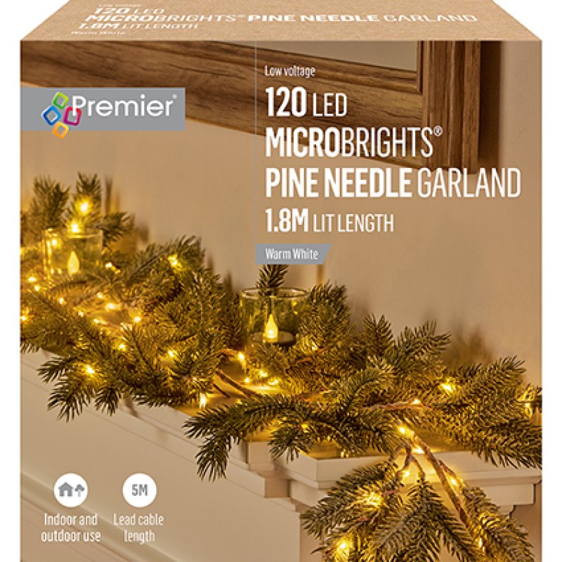 1.8m Lit Pine Needle Garland with 120 Warm White MicroBright