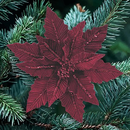 Burgundy Velvet Poinsettia with Glitter Clip On 31cm