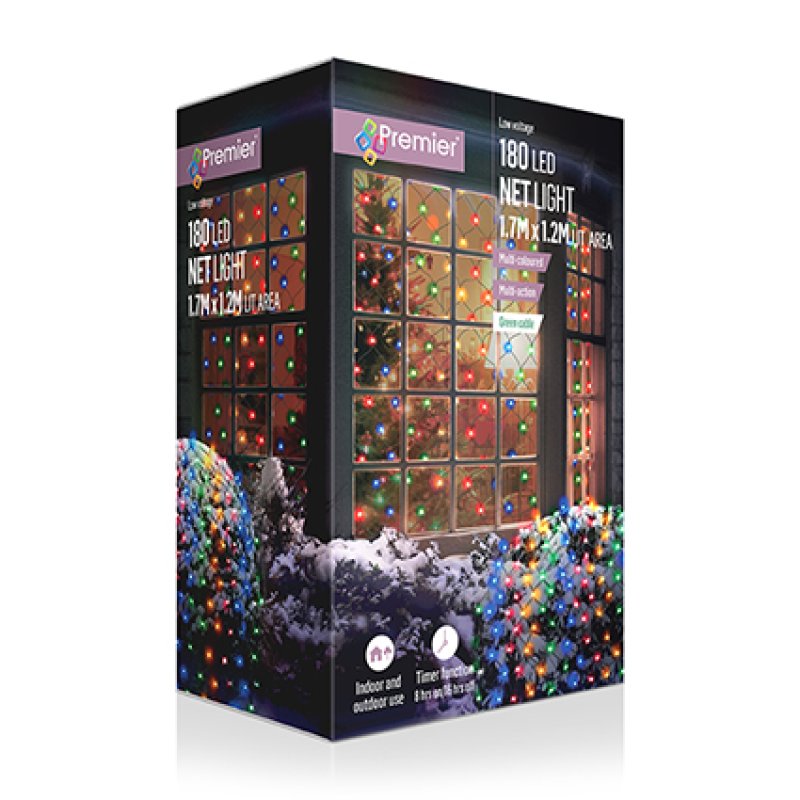 Premier 180 LED net light string lights in a black retail box, featuring a window display of colorful lights and snowy garden bushes.