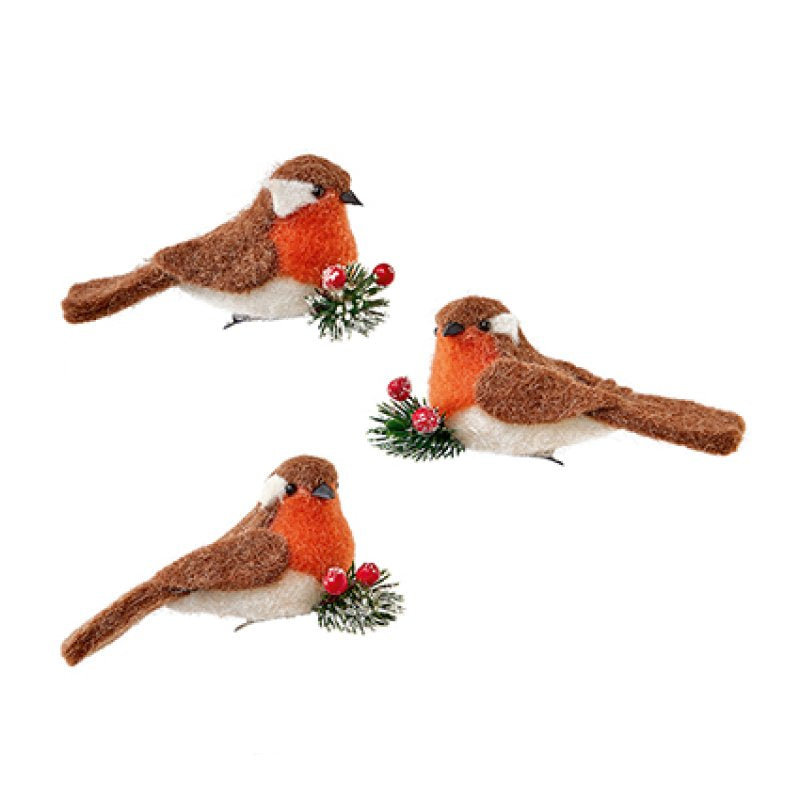 11cm Set of 3 Robin Birds with Floristry and Berries on Back