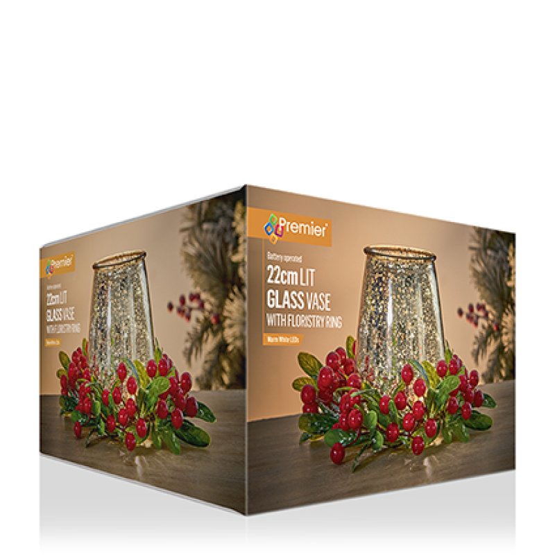 22cm B-O Lit Crackled Glass Berries and Floristry Ring with