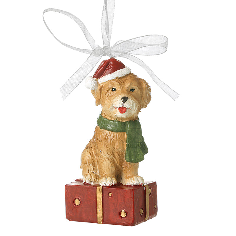 Christmas Dog on Present with Ribbon Hanger