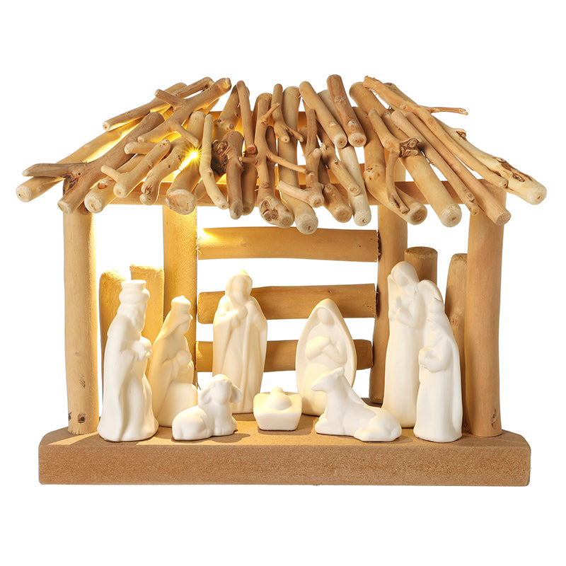White Cermamic & Wood LED Nativity Scene