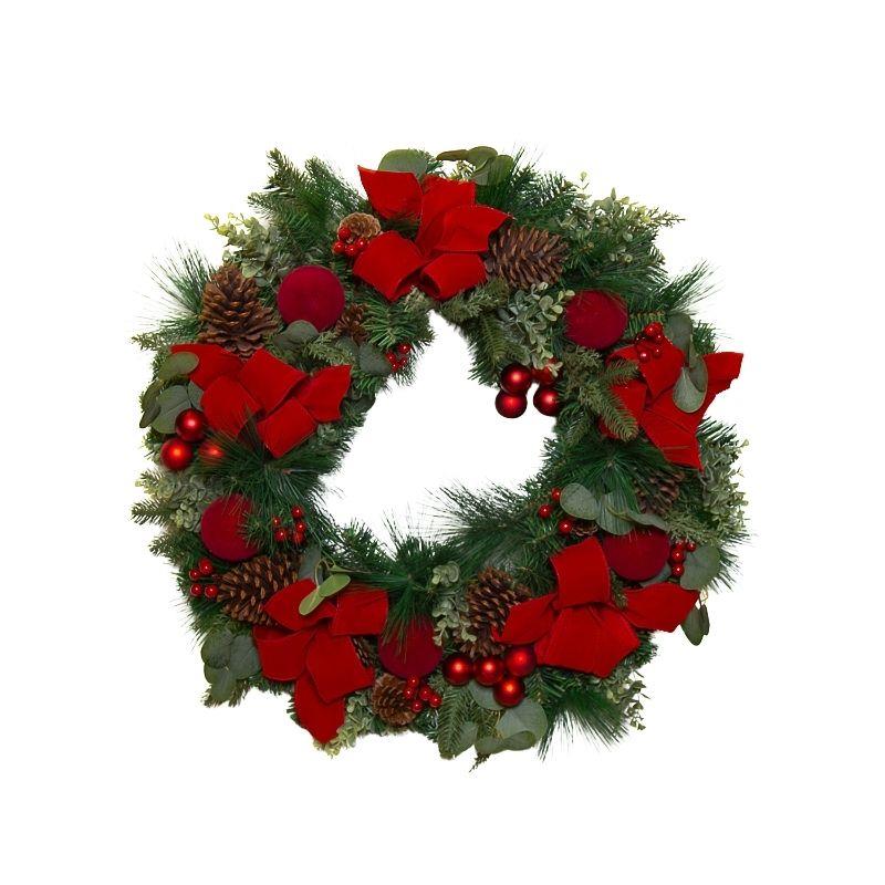 Luxury Red Bow Wreath with Pine Cones, Baubles & Glitter Stems